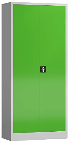 Aktenschrank Metallschrank abschließbar mit 2 Türen, 4 Fachböden 1800 x 800 x 380mm (RAL 7035/6018 lichtgrau/gelbgrün)