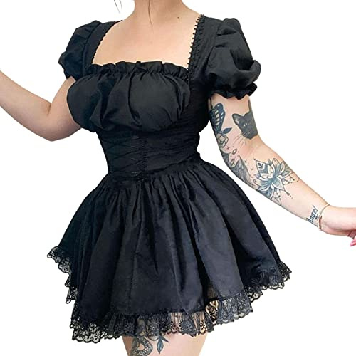 Geagodelia Robe Trapèze Femme Eté à Manches Courtes Bouffantes Robe Clubbing Col Carré Mini Courtes Brodure en Dentelle (Noir, M)