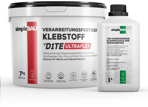simpleBAU Fertigfliesenkleber 7KG Universal Kleber für Gipskartonplatten + 1L Grundierung Osb-Kleber für schwierige Untergründe Kleber Fußbodenheizung für Keramik Stein