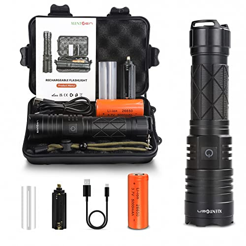 XLENTGEN Torches LED Super Bright 1000000 Lumens Rechargeable Torch High Power Hand Flash Light, IPX4 Waterproof, 5 Modes Powerful Tactical Flashlight Torch for Camping, Dog Walking, Emergency