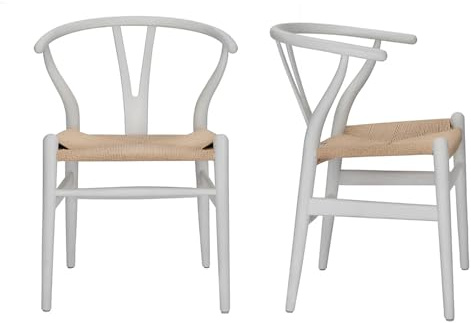 Polynices Wishbone Chair, Weave Modern Solid Wood Mid-Century Y Shaped Backrest Dining Chair (White+Natural)