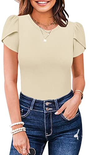 MISSJOY Women's Summer Bodysuit Tops V Neck Ruffle Short Sleeve Casual Blouses T Shirts Apricot M