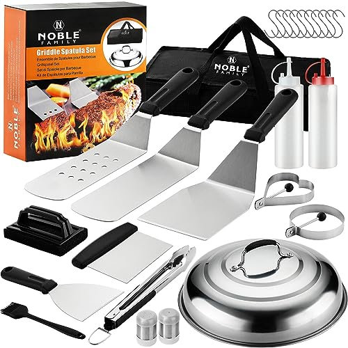 N NOBLE FAMILY 27-teiliges Grillzubehör-Set, flache Oberseite, Edelstahl, Schwarz, A26-A01, für Blackstone und Campingkoch, professionelles Grillspatel-Set mit schmelzender Kuppel, Burgerpresse
