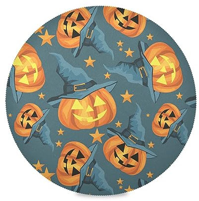 Halloween Orange Pumpkins Witches Hat Stars Blue Round Placemats for Dining Table Rustic Waterproof Placemats Reusable Placemat for Baby Washable Placemats for Kids Dinner Plate Mats Dining