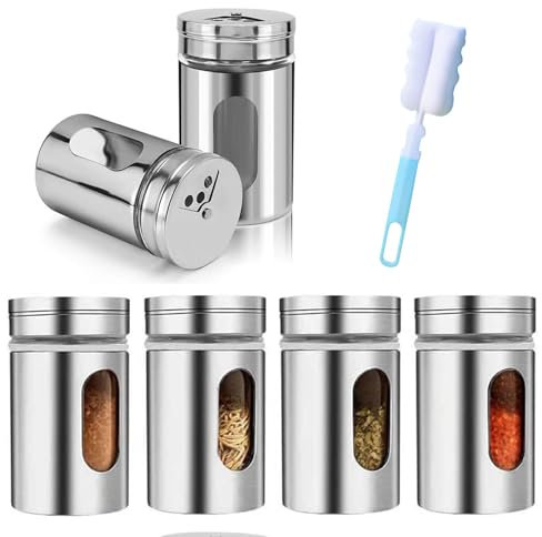 CLKE Gewürzdosen Set, 6 Stück Gewürzstreuer, Gewürzstreuer Edelstahl-Spice Jars/Salzstreuer, inkl. 1 Schwammbürste, Gewürz Organizer Perfekte Aufbewahrung für Gewürze