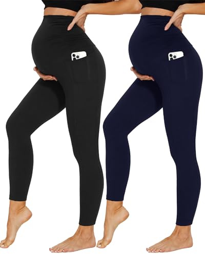 DDOBB 2 Pack Maternity Leggings Over Bump with Pockets | High Waist, Soft Belly Support, Stretchy Pregnancy Pants for Yoga, Workout, Daily Wear, Pyjama