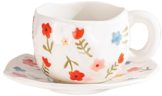 ASMPCUE Kaffeebecher, Keramischer Becher Kaffeebecher mit Untersetzer, Nette Tassen Neuheit Kaffeebecher Set, 6.5 oz/200 ml Kreativbecher für Latte Milch und Tee (Blume)