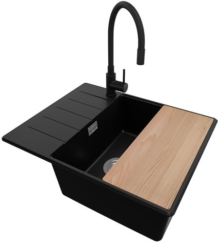 PRIMAGRAN Evier Cuisine en Granit Noir 62x50cm, Lavabo 1 bac + Kit de Vidage + Planche à Découper, Évier à Encastrer al mueble 50cm - Copenhague S086