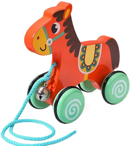 Jouets en bois pour bébé jouet à tirer en forme de cheval mignon avec cloche jouets en bois bidirectionnels pour tout-petits avec roue antidérapante jouets de développement à tirer et à pousser