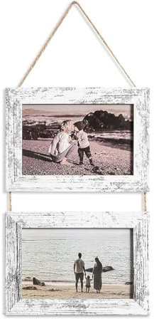 Ichigo Ichie Portafotos Múltiple Decorativo, Collage Portarretratos Colgante, Marcos de Fotos de Madera con Cuerda para Colgar en la Pared para 2 Fotos de 10x15cm, Blanco Antiguo