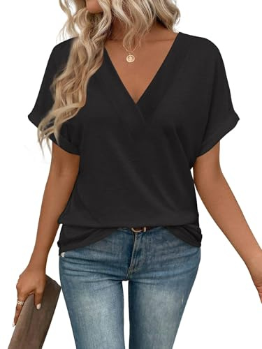 Cuptacc Tshirt Femme Ete Col V Manche Courte Haut Femme Chic et Elegant Couleur Unie Chemise Noir, Grand L 42-44