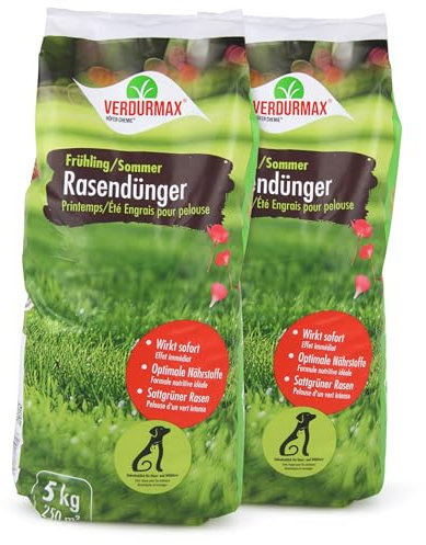 Verdurmax 2 x 5 kg d'engrais pour gazon Printemps & Été – Engrais à libération prolongée avec azote pour 500 m² de gazon vert luxuriant – Sans danger pour les chiens – Compatible avec épandeur