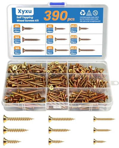Xyxu Wood Screws Assortment Kit -390PCS M3, M3.5, M4 Self Tapping Screw Set, 16-40mm Carbon Steel Zinc Coated Countersunk Small Assorted Screws for Wood and Various DIY Woodworking Projects