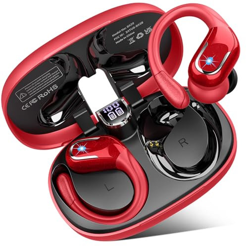 Écouteurs sans fil Bluetooth 5.3 de sport, écouteurs stéréo 75H Hi-Fi sans fil avec 4 micros antibruit ENC, étanchéité IP7 avec crochets d'oreille, écran LED, rouge