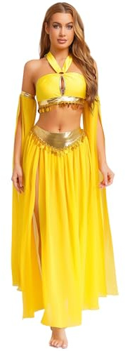 ranrann Robe Danse Orientale Femme Ensemble Costume Danse du Ventre Haut Court Crop Top + Jupe + Manches Amovibles Spectacle Fête Jaune S
