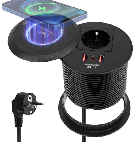 Laddare med 15W trådlös laddningsfunktion, 1,8 m kabel, flera uttag med 1 USB C+1 USB-A, för hem och kontor (Svart)