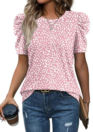 WIHOLL Easter Shirts for Women Puff Sleeve Spring Summer Lightweight Tops Tshirts Cute Cozy Blouses Trendy Cruise Outfits 2026 Pink L