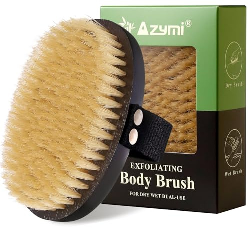 Dry Brushing Body Brush for Lymphatic Drainage, Azymi Shower Bath Brush 100% Natural Thick Bristles Exfoliate Dead Skin, Detoxify, Improve Blood Circulation, Dry & Wet Brush Dual-Use 1-Pack Oval