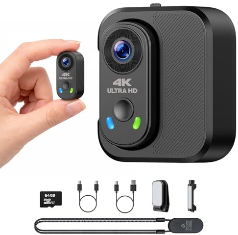 Mini Cámara de acción 4K con Estabilización EIS, Body Cam Magnética Wearable, Cámara deportiva portátil del tamaño de un pulgar con Funda de Carga 1800mAh y Tarjeta 64GB para POV Vlog, Viajes