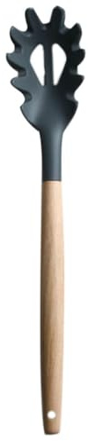 NULYLU Cucharón Perforado de Silicona para Espaguetis Mango de Madera, Utensilio de Cocina para Escurrir y Servir Pasta en Casa Color Gris
