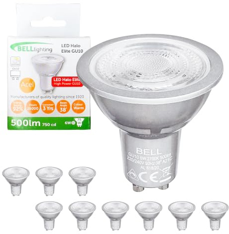 Bell Lighting LED GU10 Bulb 6W, Warm White 2700K, Dimmable, Pack of 10 | Halo Elite, 500lm, CRI 80, 38° Beam, 25000 Hour Life, 75W Halogen Equivalent, Code 05908
