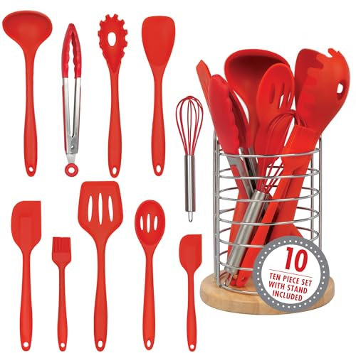 Good Cooking-Silicone Cucina Utensili da Cucina W bambù Holder- Strumenti 10 Pc Gourmet Set-Spatola, Cucchiaio, Cucchiaio Fessurato, Pinze, Imbastitura Pennello, Mestolo E Altro Ancora