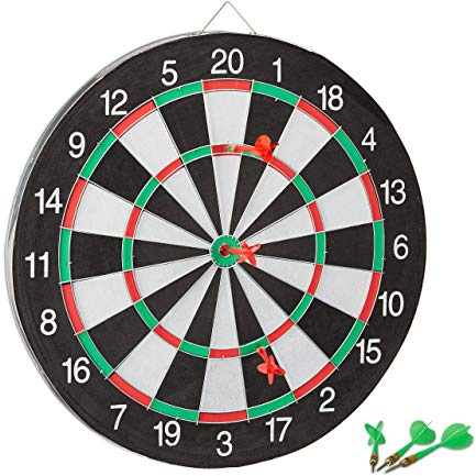 Relaxdays Bersaglio con Freccette, Tabellone Double Face, Diametro 43 cm, 6 Darts, Gioco Classico Dartboard, Nero Bianco