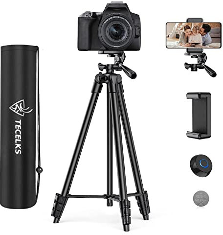 Lightweight Tripod 55-Inch/135cm, Video/Phone/Light Camera Tripod Stand with Wireless Remote Shutter, Phone Clip, Carry Bag for Travel/YouTube Video/Photography/Vlog, Compatible with iOS & Android