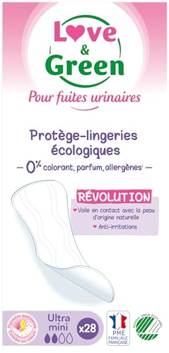 Love & Green - Protège-lingeries Incontinence/Fuites urinaires - Protections écologiques absorbantes pour fuites urinaires légères - ULTRA MINI (28 unités)