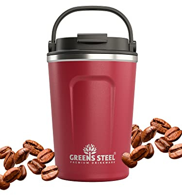 Greens Steel Wiederverwendbarer Kaffeebecher To Go - 350 ml, Rot I Trinkbecher mit Deckel & Griff I Edelstahl Thermobecher für Heiß- & Kaltgetränke I Auslaufsicherer Mug für Tee, Kaffee I BPA-Frei