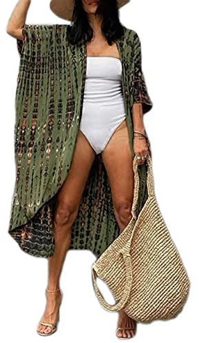 Bsubseach Stylish Tie Dye Open Front Long Kimono Swimsuit Cover Up for Women Swimwear Cover Ups Army Green