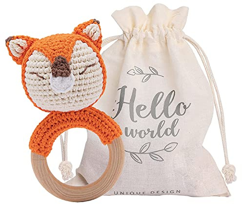 Youuys Hochet Bebe en Bois D'Animal, Anneau de Dentition en Bois pour Bébé, Hochet Au Crochet, Montessori Jouet Nouveau-né Bébé Cadeau (Renard)