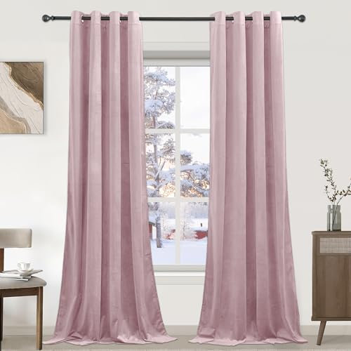 PONY DANCE Pink Velvet Curtains - 1 Pair of Luxury Curtains & Drapes Elegant Home Decor Window Treatment for Nursery Room/Girls Bedroom, Thermal Blackout Curtains 52x84