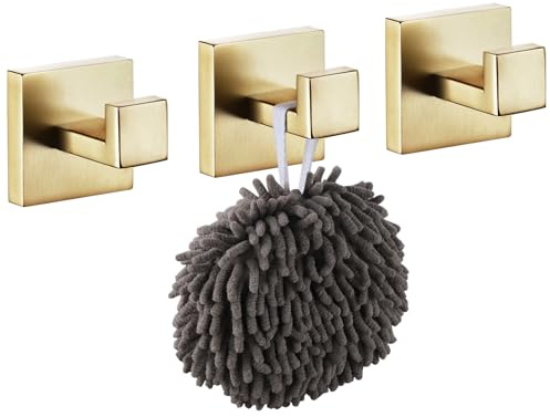 KOKOSIRI Gancho para bata de baño, montaje en pared, cuadrado, gancho para toallas, baño, cocina, garaje, acero inoxidable SUS 304, paquete de 3 unidades, oro cepillado B1010BG-P3