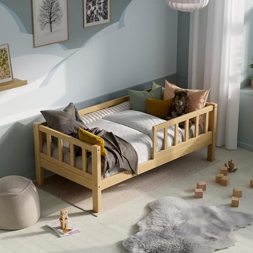 RIVERBANK Kinderbett 80x160 mit Rausfallschutz. (Natur) Kleinkind Jugendbett Massivholz Kiefer Bettgestell mit Lattenrost & Stauraum. Kinder Bett für Mädchen oder Jungen.