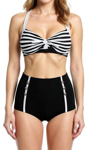 Bslingerie® Costume da bagno bikini da donna retrò vintage push-up a vita alta taglie forti, S