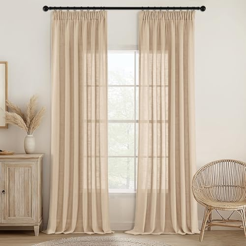 MIULEE Gardiner med rynkband, Voilegardin, Modern linnelook, Halvtransparent, För Vardagsrum, Sovrum, Skjutgardiner, Set om 2, Beige, 215x140 cm