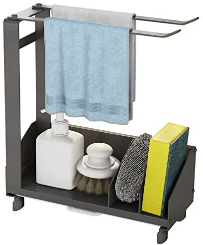youjia Spülbecken Organizer Schmal Sink Organizer Hängend Spüllappenhalter Schwammhalter Lappenhalter Spülbecken Caddy Organizer Edelstahl mit Handtuchhalter Abflusspfanne Küchen Zubehör Schwarz
