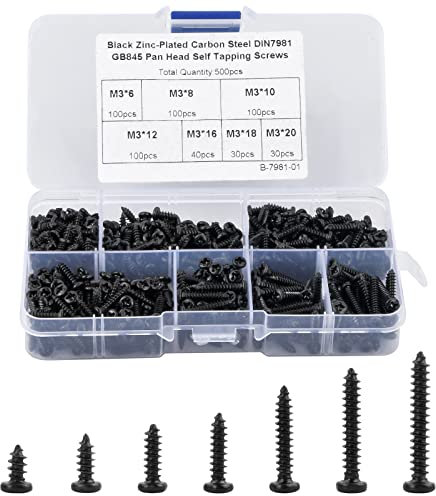 Cozlly 500PCS Assortiment de Vis Autotaraudeuse M3 Vis à Bois Autotaraudeuses Vis Autoforeuse Acier Carbone Ronde Cruciformes Noires Vis Autotaraudeuse Vis à Tête Cylindrique avec Boîte en Plastique