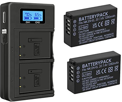 Pack of 2 EN-EL20 EN-EL20a batteries and smart LCD display dual USB charger for Nikon Coolpix P950, P1000, DL24-500, Coolpix A, 1 AW1, 1 J1, 1 J2, 1 J3, 1 S1, 1 V3 digital camera