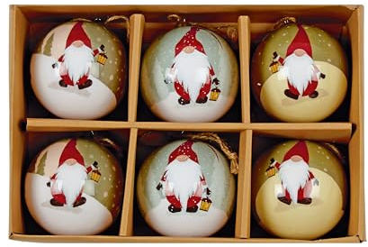 Premier Box of 6 7.5cm Gonk Decoupage Christmas Bauble Balls Assorted Design Xmas Tree Décor Festive Hanging Decorations