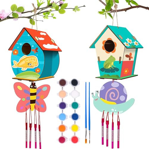 DIY Vogelhaus Bausatz für Kinder - 2 Stück zum Bemalen, Kreative Bastelsets, Holz Puzzle Machen Set, Birdhouse zu Bauen und Malen