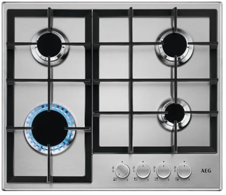 AEG 3000 Slim line Gas Hob 60cm, 4 Cooking Zones HGE64200SM, Cast Iron Pan Supports, Speed Burners, Integrated ignition, Automatic Gas Shut-off, 594x510mm, Stainless Steel