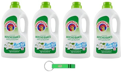 4 x Chanteclair Lavatrice Bianco Muschio Detersivo Liquido - Detersivo Liquido per lavatrice - Formula detergente con sgrassatore 28 lavaggi 1260 ml + portachiavi Beni Culinari