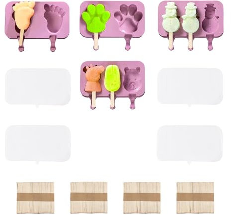 KINHARD Stampi per Gelati, 4 Pezzi Stampi Ghiaccioli con Coperchio, 6 Modelli Ghiaccioli Stampo, 200 Bastoncini Legno Inclusi, DIY Fai Stampi Gelato Fatti Casa