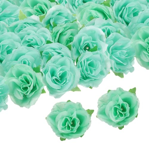 QUARKZMAN 100pz Teste Fiori Rosa Artificiali, 1.2 Teste Rose Finte Seta Mini Fiori Rosa Artificiali Rinfusa per Bouquet Sposa Centrotavola Decorazioni Casa, Verde Lago