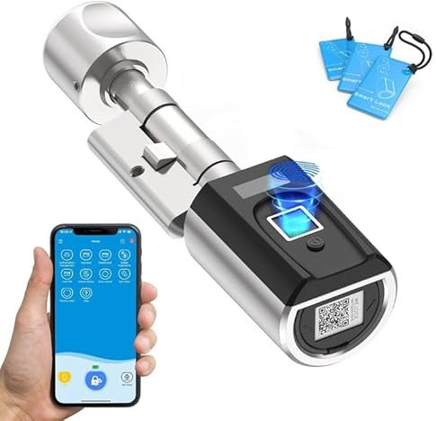 RUILON Serrure empreinte digitale - SECBNEBL51 Serrure connectee porte entree IP65 avec 3 cartes RFID, Cylindre biometrique pour épaisseur de porte 30-70 mm Maison Bureau facile à installer