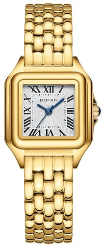 BOFAN Små guldklockor för kvinnor lättläst damklocka kvarts med rostfritt stålband, romersk urtavla, vattentålig, armbandsjustering ingår, Vit-guld, Modern
