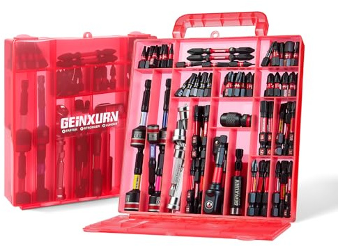 Geinxurn 99tlg. Schrauber Bits Set (Torx, Kreuz, PZ, Hex, SL), S2-Stahl Magnetische Bitsatz, inkl. Bit Halter, Stecknuss Adapter, Steckschlüssel, PH2 Bit mit Tiefenanschlag im Rot Aufbewahrungsbox