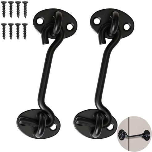 Pack of 2 Storm Hooks with Eyelet, Stainless Steel Storm Hook, Black Door Latch, Small for Swing Door, Wood, Shutters, Wood, Barn Door, Garden Gate, Latch with 8 Mounting Screws (10 cm)
